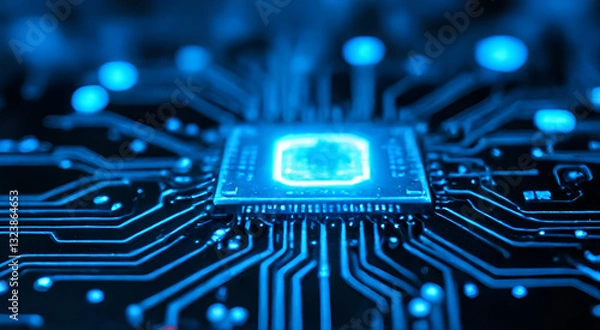 Fototapeta High-tech circuit board background, abstract digital technology presentations, electronic components, digital infrastructure, blue tech theme, modern electronics evolution expansion background imag