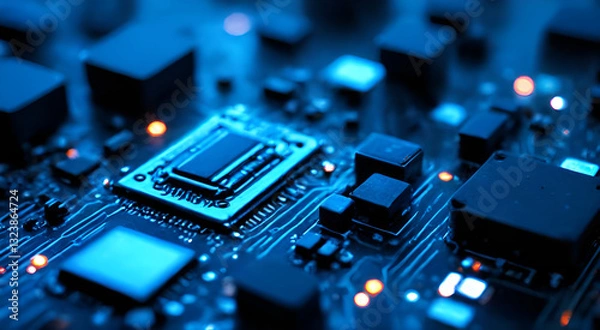 Fototapeta High-tech circuit board background, abstract digital technology presentations, electronic components, digital infrastructure, blue tech theme, modern electronics evolution expansion background imag