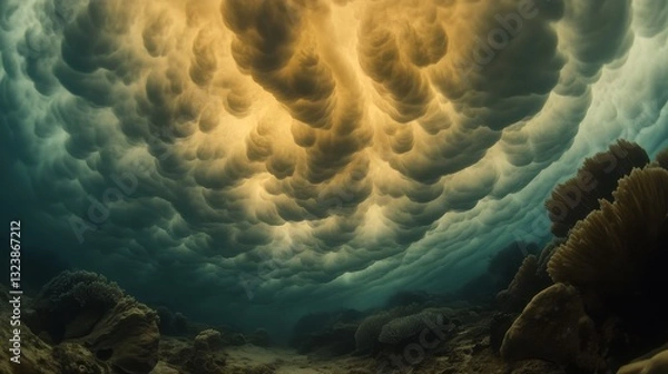 Fototapeta Dramatic Underwater Scene Featuring Unique Cloud Formation and Teal Waters Highlighting Oceanic Landscape with Coral Reefs and Breathtaking Atmospheric Effects