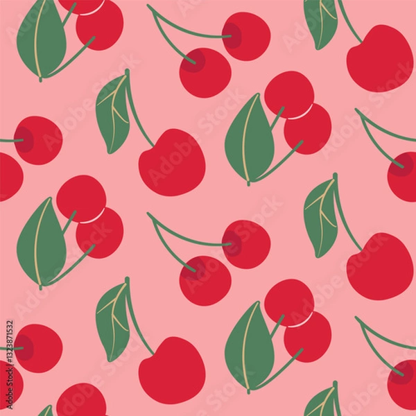Fototapeta Seamless Pattern of Bright Red Cherries with Leaves on Pink Background