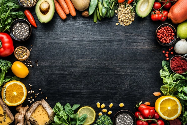Fototapeta Many different healthy foods on black wooden table, flat lay. Space for text