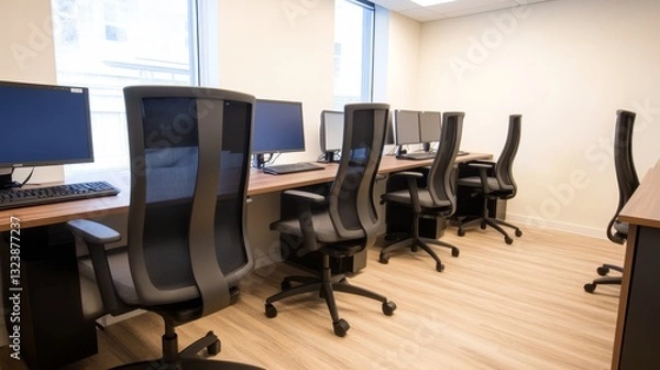 Fototapeta Modern office workspace with multiple computer stations, bright windows, and minimalistic design