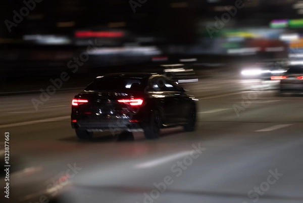 Fototapeta A sleek and polished black car speeds through a vibrant and illuminated city highway at night, showcasing the exhilarating thrill of urban driving under the dazzling bright lights of the metropolis