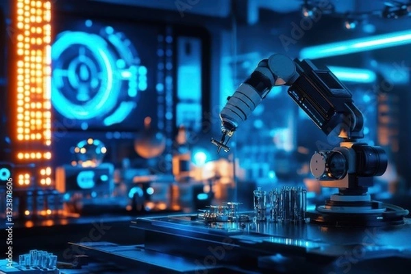 Fototapeta advanced robotic arm with precision tools performs intricate assembly tasks in a high-tech laboratory, surrounded by blue-tinted holographic displays and scientific equipment under cool led lighting