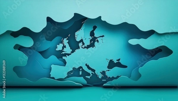 Fototapeta Layered paper map of [region] in teal hues depicting geographical concept highlighting the continent's outline and structure