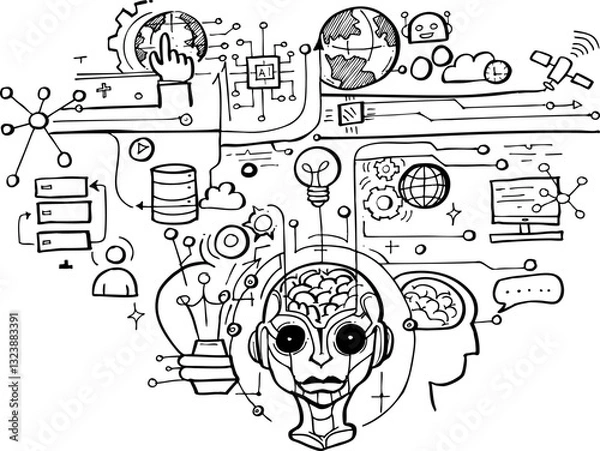 Obraz 
Hand drawn ai artificial intelligence doodle vector illustration,Concept of modern technology.