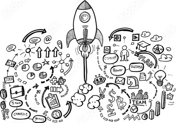 Obraz Start up rocket with business illustration hand drawn in vector design.