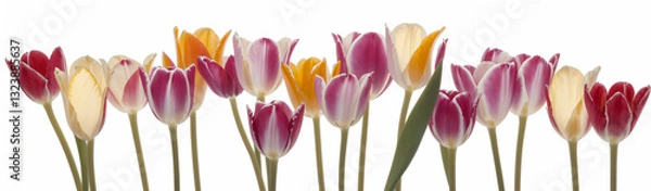 Fototapeta "Experience the elegance of spring.  
Vivid tulips gracefully arranged against a pure white background,  
highlighting the delicate beauty of seasonal blooms."
