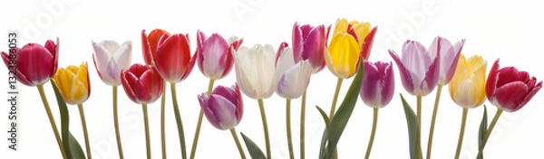 Fototapeta "Experience the elegance of spring.  
Vivid tulips gracefully arranged against a pure white background,  
highlighting the delicate beauty of seasonal blooms."