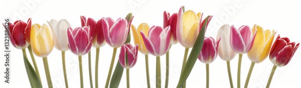 Fototapeta "Experience the elegance of spring.  
Vivid tulips gracefully arranged against a pure white background,  
highlighting the delicate beauty of seasonal blooms."