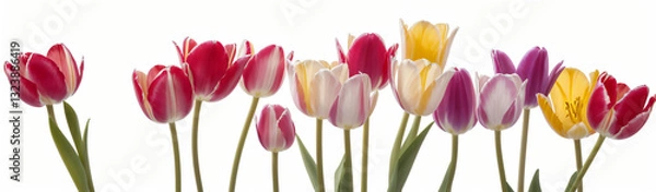 Fototapeta "Experience the elegance of spring.  
Vivid tulips gracefully arranged against a pure white background,  
highlighting the delicate beauty of seasonal blooms."