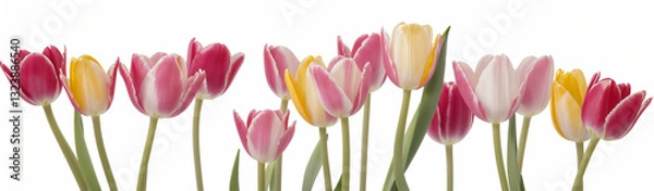 Fototapeta "Experience the elegance of spring.  
Vivid tulips gracefully arranged against a pure white background,  
highlighting the delicate beauty of seasonal blooms."