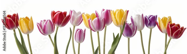 Fototapeta "Experience the elegance of spring.  
Vivid tulips gracefully arranged against a pure white background,  
highlighting the delicate beauty of seasonal blooms."