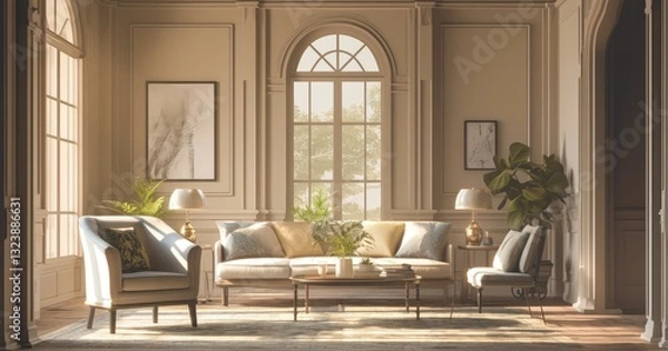 Fototapeta Living Room with Cream-Colored Walls and Arched Windows: Elegant Sofa, Armchairs, Coffee Table, Framed Artwork, Plants, and Soft Shadows. Perfect for Cozy Atmosphere and Social Gatherings.