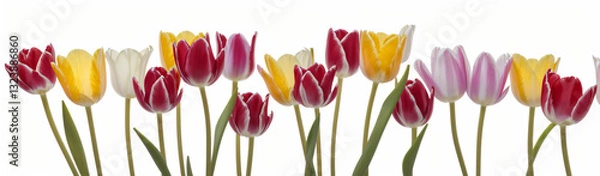 Fototapeta "Experience the elegance of spring.  
Vivid tulips gracefully arranged against a pure white background,  
highlighting the delicate beauty of seasonal blooms."