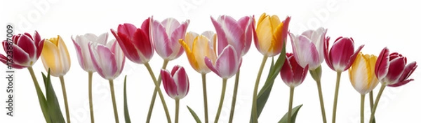Fototapeta "Experience the elegance of spring.  
Vivid tulips gracefully arranged against a pure white background,  
highlighting the delicate beauty of seasonal blooms."