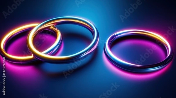 Obraz Three metallic rings with neon glow, overlapping.