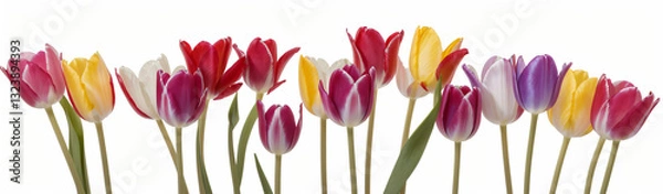 Fototapeta "Experience the elegance of spring.  
Vivid tulips gracefully arranged against a pure white background,  
highlighting the delicate beauty of seasonal blooms."