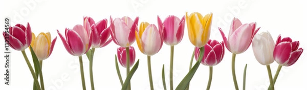 Fototapeta "Experience the elegance of spring.  
Vivid tulips gracefully arranged against a pure white background,  
highlighting the delicate beauty of seasonal blooms."