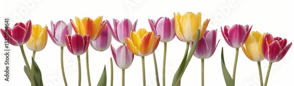 Fototapeta "Experience the elegance of spring.  
Vivid tulips gracefully arranged against a pure white background,  
highlighting the delicate beauty of seasonal blooms."