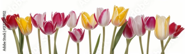 Fototapeta "Experience the elegance of spring.  
Vivid tulips gracefully arranged against a pure white background,  
highlighting the delicate beauty of seasonal blooms."