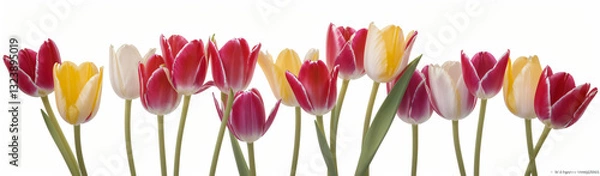 Fototapeta "Experience the elegance of spring.  
Vivid tulips gracefully arranged against a pure white background,  
highlighting the delicate beauty of seasonal blooms."