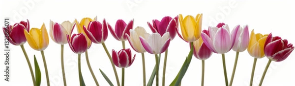 Fototapeta "Experience the elegance of spring.  
Vivid tulips gracefully arranged against a pure white background,  
highlighting the delicate beauty of seasonal blooms."