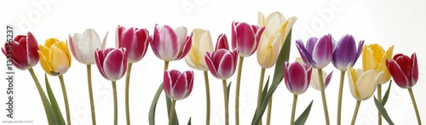 Fototapeta "Experience the elegance of spring.  
Vivid tulips gracefully arranged against a pure white background,  
highlighting the delicate beauty of seasonal blooms."