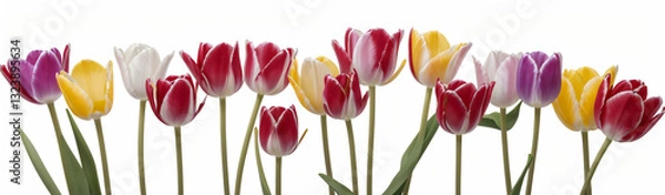 Fototapeta "Experience the elegance of spring.  
Vivid tulips gracefully arranged against a pure white background,  
highlighting the delicate beauty of seasonal blooms."