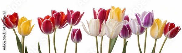 Fototapeta "Experience the elegance of spring.  
Vivid tulips gracefully arranged against a pure white background,  
highlighting the delicate beauty of seasonal blooms."