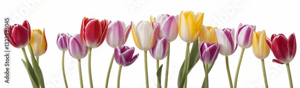 Fototapeta "Experience the elegance of spring.  
Vivid tulips gracefully arranged against a pure white background,  
highlighting the delicate beauty of seasonal blooms."