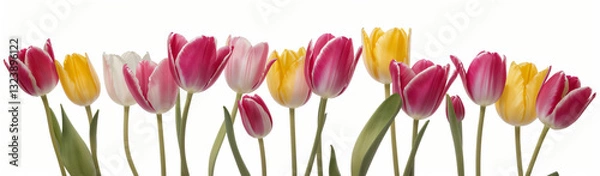 Fototapeta "Experience the elegance of spring.  
Vivid tulips gracefully arranged against a pure white background,  
highlighting the delicate beauty of seasonal blooms."