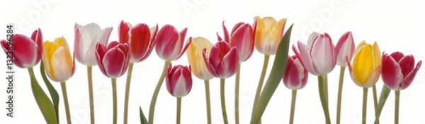 Fototapeta "Experience the elegance of spring.  
Vivid tulips gracefully arranged against a pure white background,  
highlighting the delicate beauty of seasonal blooms."