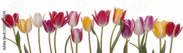 Fototapeta "Experience the elegance of spring.  
Vivid tulips gracefully arranged against a pure white background,  
highlighting the delicate beauty of seasonal blooms."