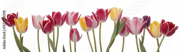 Fototapeta "Experience the elegance of spring.  
Vivid tulips gracefully arranged against a pure white background,  
highlighting the delicate beauty of seasonal blooms."