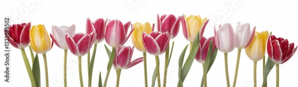 Fototapeta "Experience the elegance of spring.  
Vivid tulips gracefully arranged against a pure white background,  
highlighting the delicate beauty of seasonal blooms."