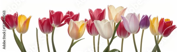 Fototapeta "Experience the elegance of spring.  
Vivid tulips gracefully arranged against a pure white background,  
highlighting the delicate beauty of seasonal blooms."