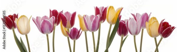 Fototapeta "Experience the elegance of spring.  
Vivid tulips gracefully arranged against a pure white background,  
highlighting the delicate beauty of seasonal blooms."