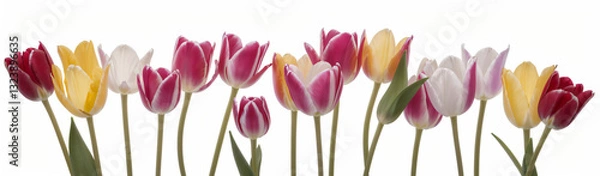 Fototapeta "Experience the elegance of spring.  
Vivid tulips gracefully arranged against a pure white background,  
highlighting the delicate beauty of seasonal blooms."
