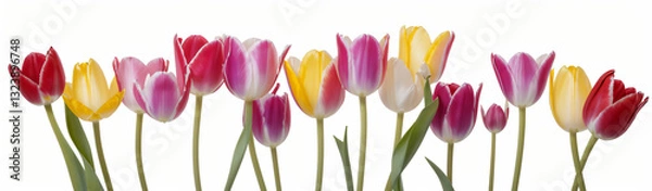 Fototapeta "Experience the elegance of spring.  
Vivid tulips gracefully arranged against a pure white background,  
highlighting the delicate beauty of seasonal blooms."