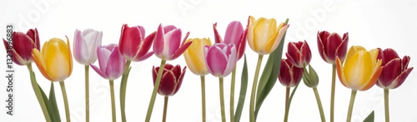 Fototapeta "Experience the elegance of spring.  
Vivid tulips gracefully arranged against a pure white background,  
highlighting the delicate beauty of seasonal blooms."