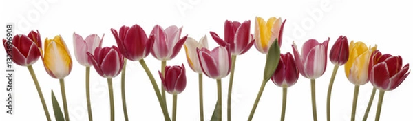 Fototapeta "Experience the elegance of spring.  
Vivid tulips gracefully arranged against a pure white background,  
highlighting the delicate beauty of seasonal blooms."