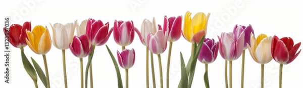 Fototapeta "Experience the elegance of spring.  
Vivid tulips gracefully arranged against a pure white background,  
highlighting the delicate beauty of seasonal blooms."