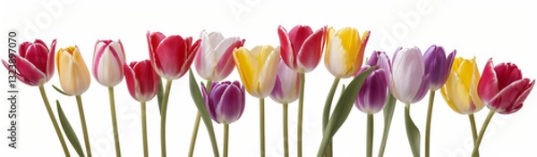 Fototapeta "Experience the elegance of spring.  
Vivid tulips gracefully arranged against a pure white background,  
highlighting the delicate beauty of seasonal blooms."