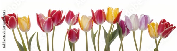 Fototapeta "Experience the elegance of spring.  
Vivid tulips gracefully arranged against a pure white background,  
highlighting the delicate beauty of seasonal blooms."