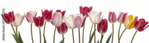 Fototapeta "Experience the elegance of spring.  
Vivid tulips gracefully arranged against a pure white background,  
highlighting the delicate beauty of seasonal blooms."