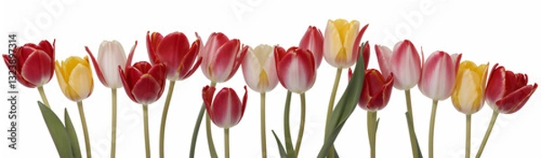 Fototapeta "Experience the elegance of spring.  
Vivid tulips gracefully arranged against a pure white background,  
highlighting the delicate beauty of seasonal blooms."