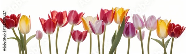Fototapeta "Experience the elegance of spring.  
Vivid tulips gracefully arranged against a pure white background,  
highlighting the delicate beauty of seasonal blooms."