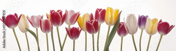 Fototapeta "Experience the elegance of spring.  
Vivid tulips gracefully arranged against a pure white background,  
highlighting the delicate beauty of seasonal blooms."