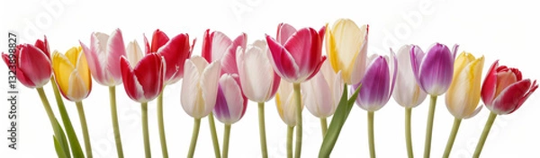 Fototapeta "Experience the elegance of spring.  
Vivid tulips gracefully arranged against a pure white background,  
highlighting the delicate beauty of seasonal blooms."
